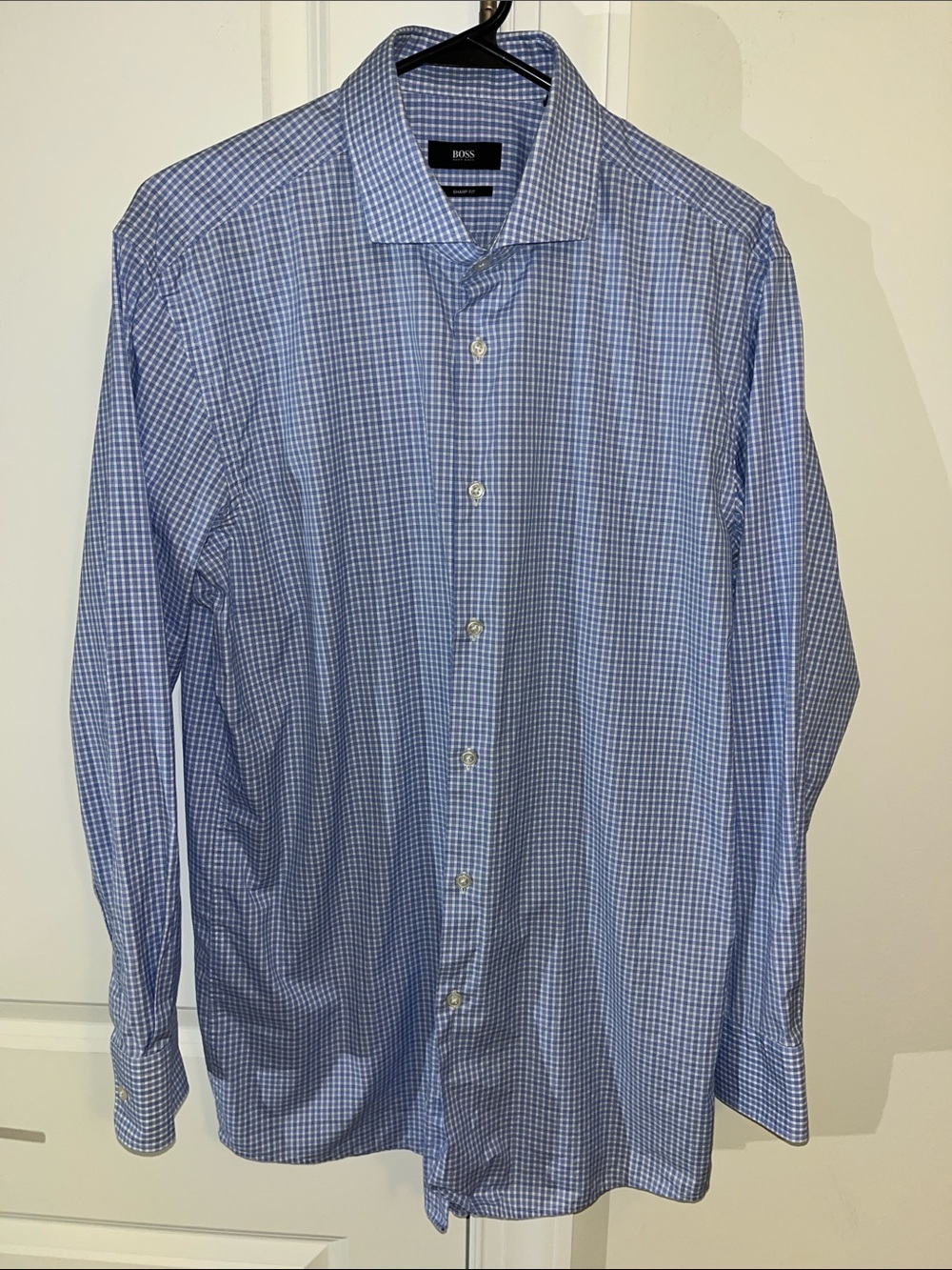 Hugo Boss Blue Gingham Check Swept Collar Sharp fit dress shirt Slim 16.5 x32/33